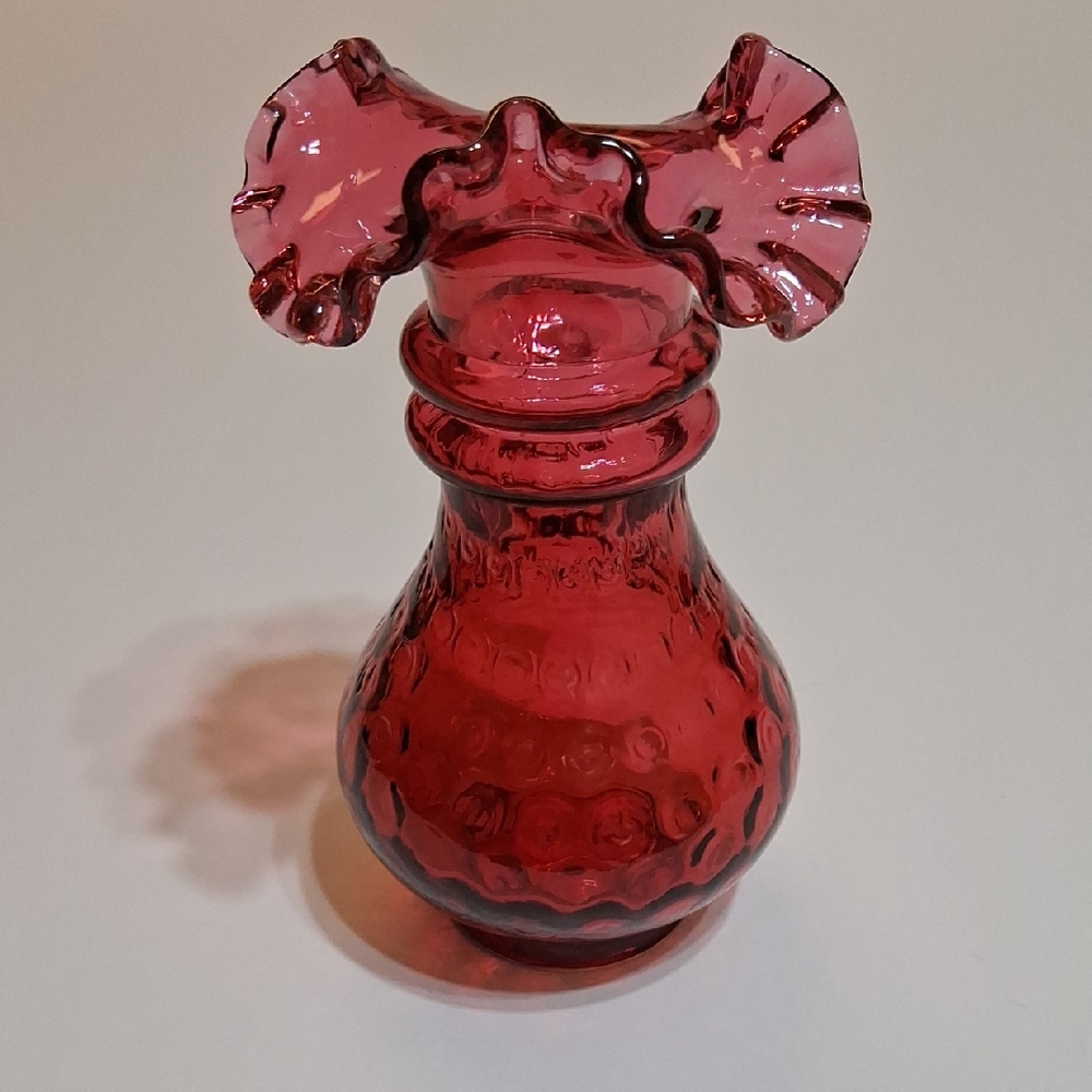 Fenton Cranberry Coin Dot Ruffled Edge Double Ring  Neck Vase